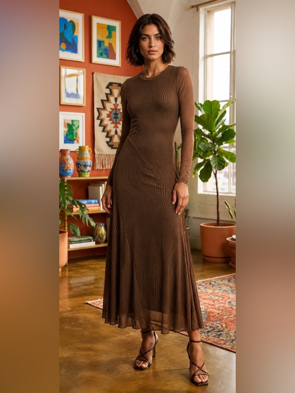 Rachel Zoe EUC Swirl Print
Mesh sleeve Brown And Black
Maxi Dress size medium